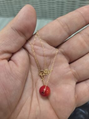 14K Gold Chain Necklace with Red Bead Pendant